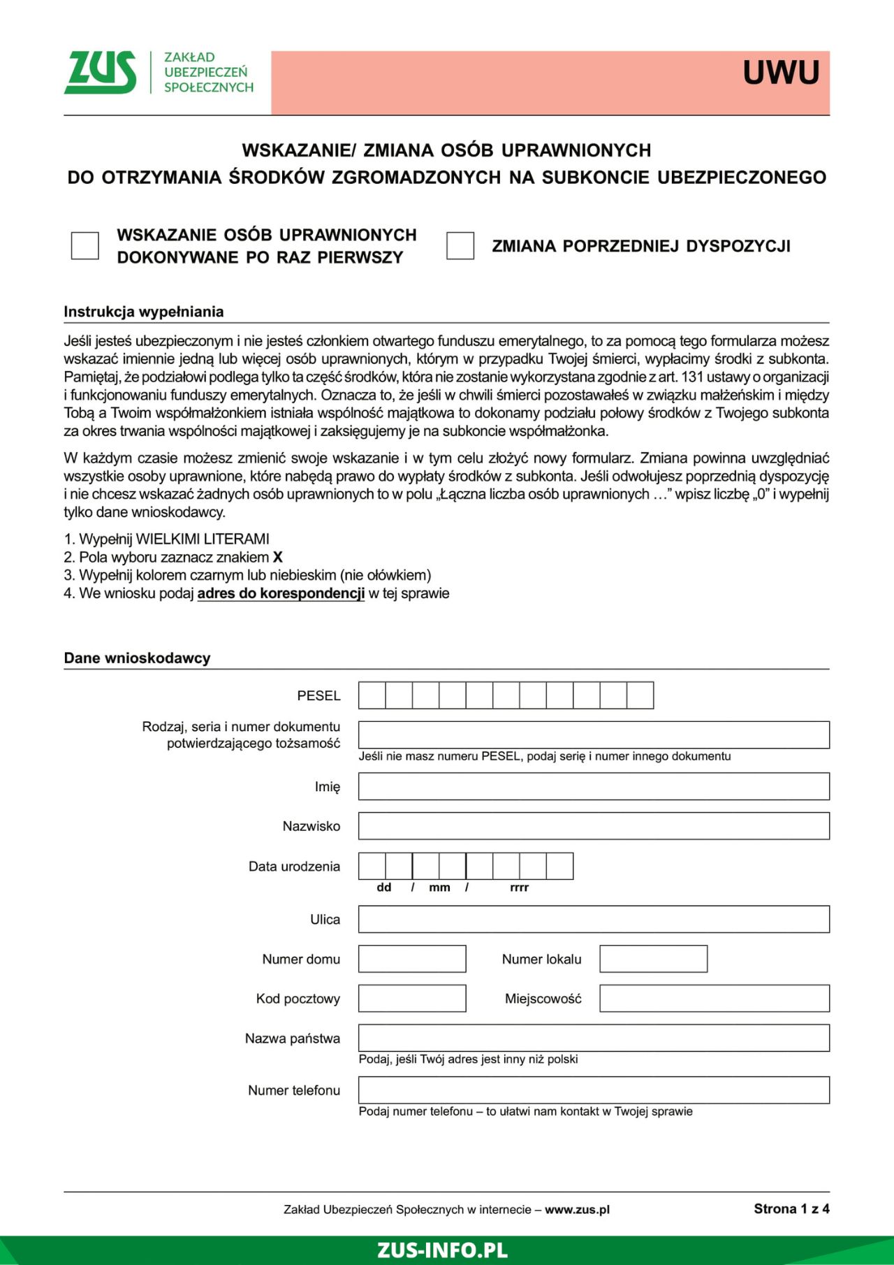 Wniosek UWU ZUS, uprawnienie do wypłaty środków z subkonta