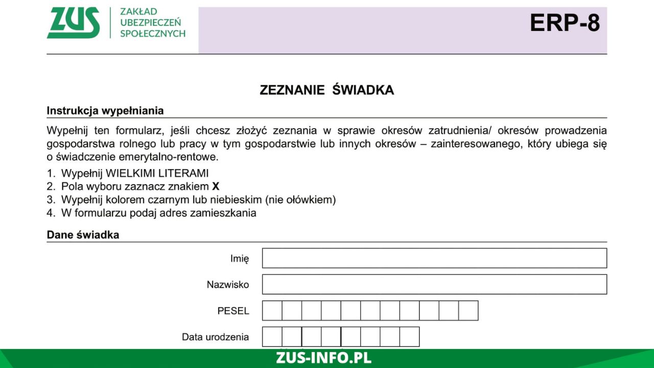 Zeznanie wiadka ZUS ERP 8 Wz r Wype nionego ERP 8